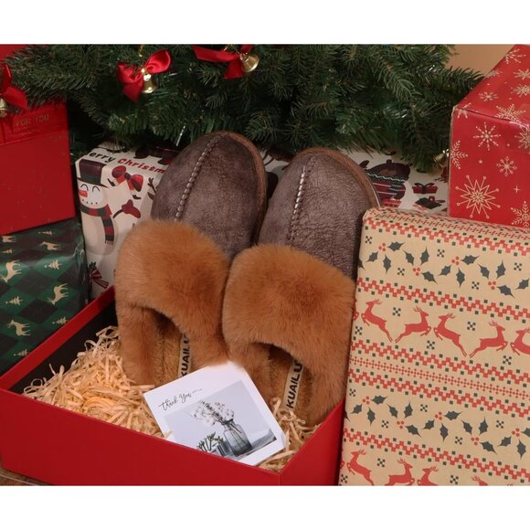 🆕Women Brown Suede Fluff Dual Memory Foam Arch Support Warm Scuff Slipper - Picture 4 of 10